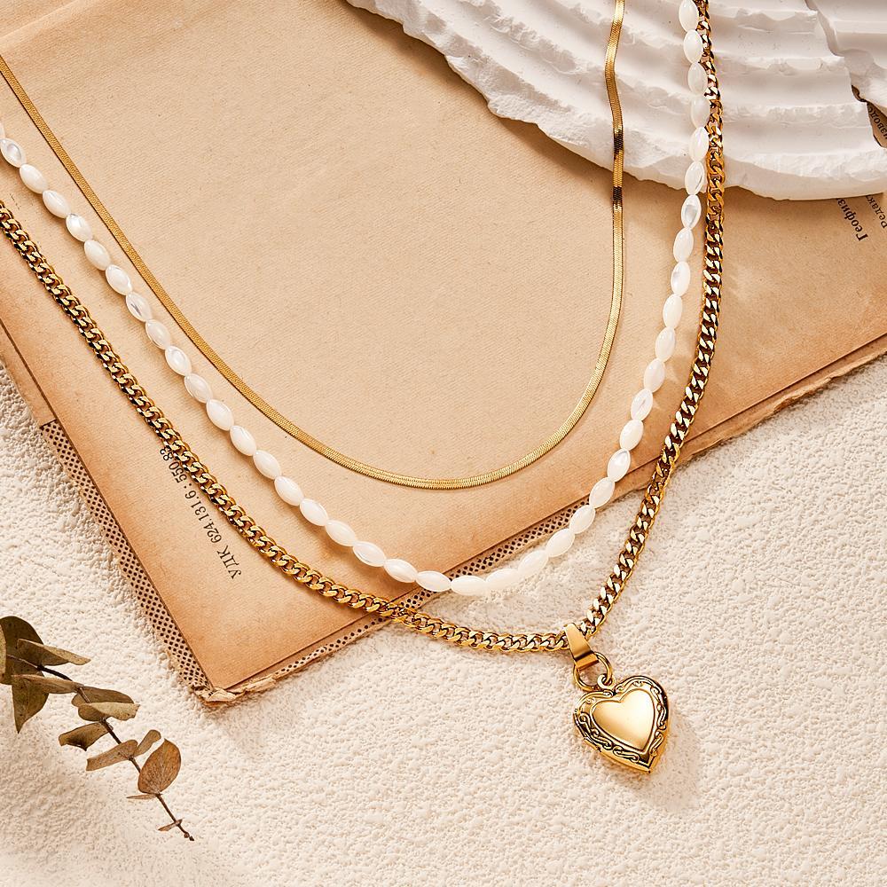Conjunto De Cadena Triple Collar De Fotos Collar De Fotos Personalizado En Forma De Corazón Regalo Para Mujeres - TuNombrecollar