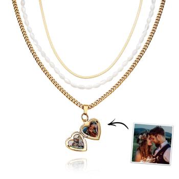 Conjunto De Cadena Triple Collar De Fotos Collar De Fotos Personalizado En Forma De Corazón Regalo Para Mujeres - TuNombrecollar