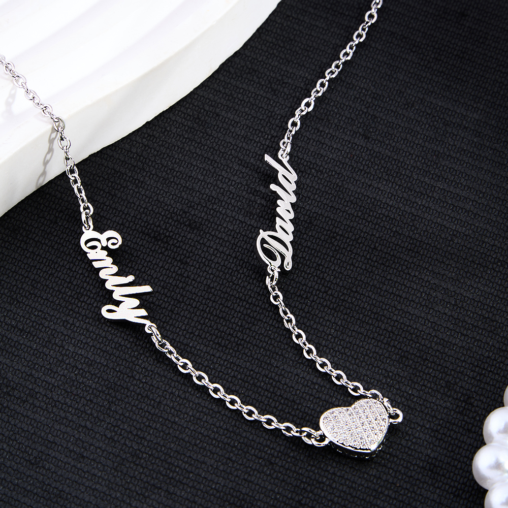 Collar Personalizado Con Dije De Corazón Y Nombre Pavé, Delicado Collar Con Nombre Personalizado Y Corazón De Diamantes, Collar Con Nombre De Pareja, Regalo Para Ella - 