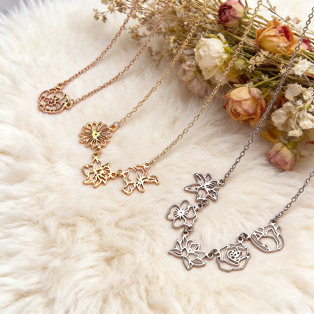 Collar Personalizado Con Flor De Nacimiento Y Piedra De Nacimiento, Colgante Familiar, Delicado Colgante Personalizado Con Flor De Nacimiento, Collar Familiar Con Flor De Nacimiento. - 