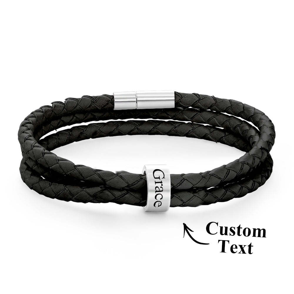 Pulsera Hombre De Cuero Trenzado Con Pequeñas Cuentas Personalizadas - TuNombrecollar