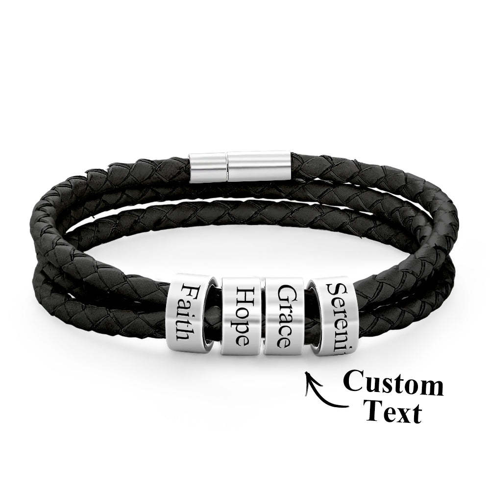 Pulsera Hombre De Cuero Trenzado Con Pequeñas Cuentas Personalizadas - TuNombrecollar