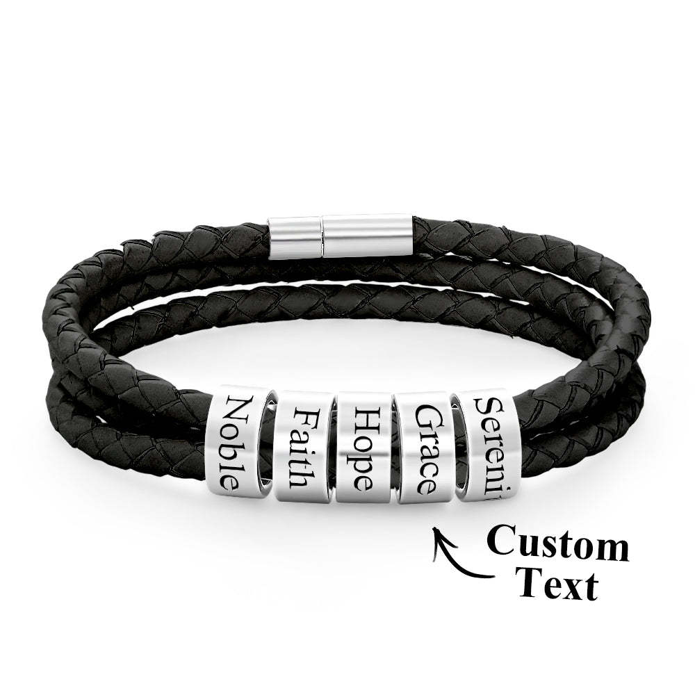 Pulsera Hombre De Cuero Trenzado Con Pequeñas Cuentas Personalizadas - TuNombrecollar