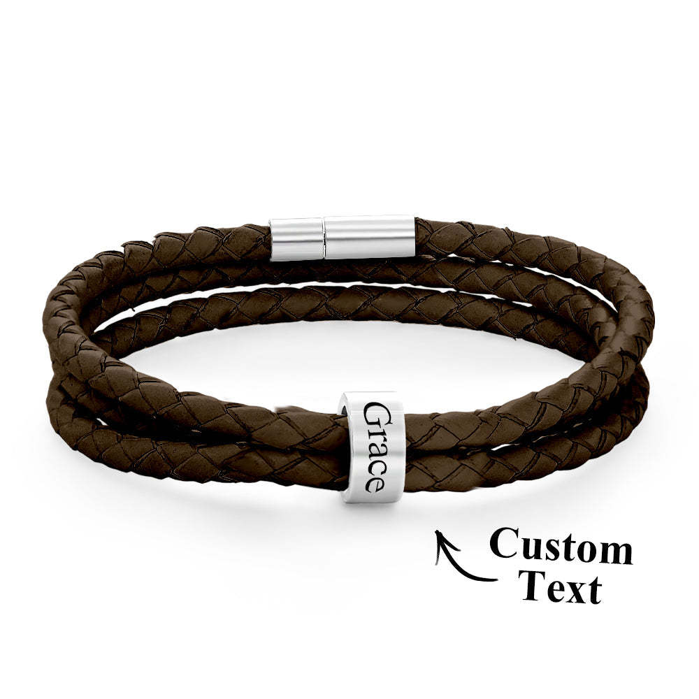 Pulsera Hombre De Cuero Trenzado Con Pequeñas Cuentas Personalizadas - TuNombrecollar