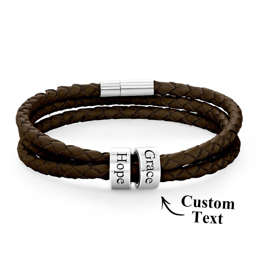 Pulsera Hombre De Cuero Trenzado Con Pequeñas Cuentas Personalizadas - TuNombrecollar