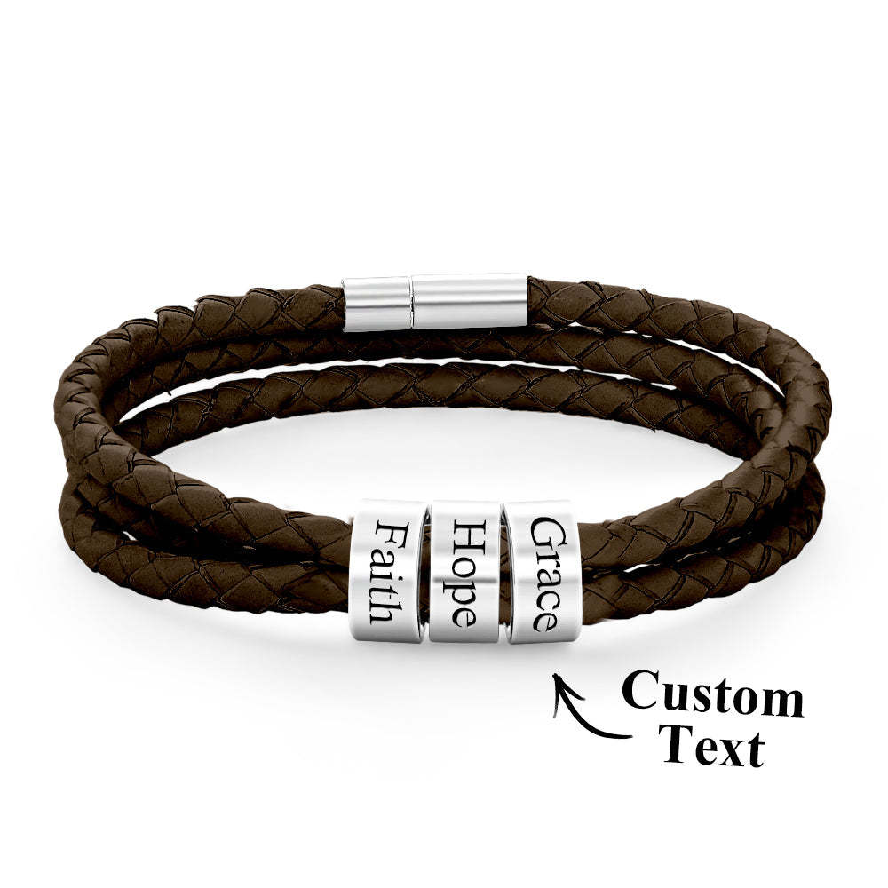 Pulsera Hombre De Cuero Trenzado Con Pequeñas Cuentas Personalizadas - TuNombrecollar