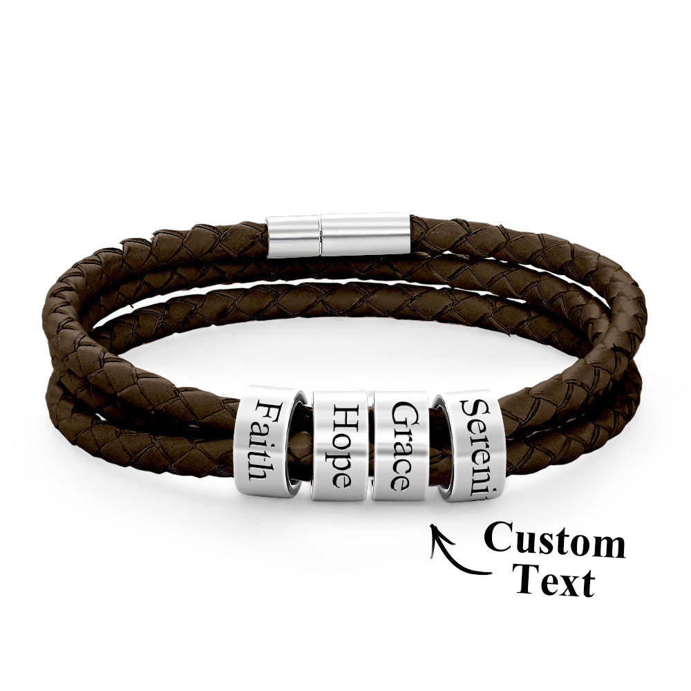 Pulsera Hombre De Cuero Trenzado Con Pequeñas Cuentas Personalizadas - TuNombrecollar