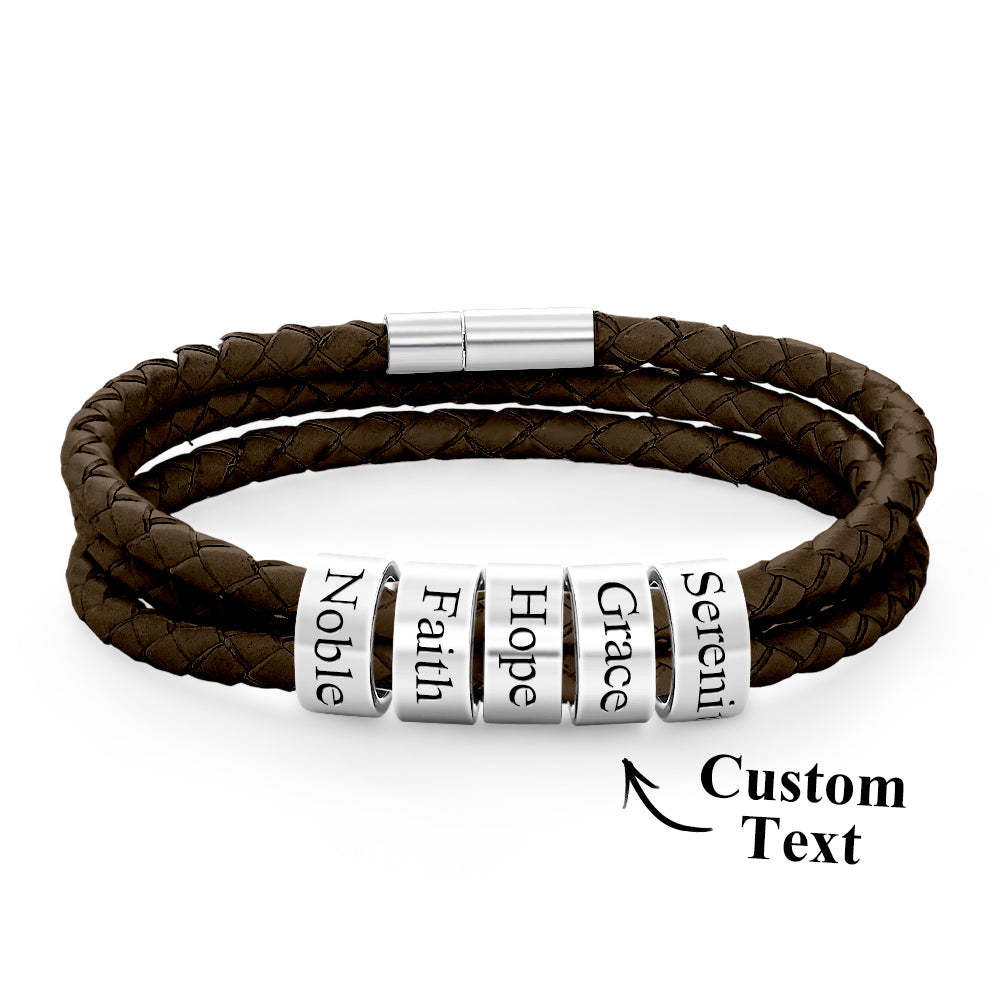 Pulsera Hombre De Cuero Trenzado Con Pequeñas Cuentas Personalizadas - TuNombrecollar