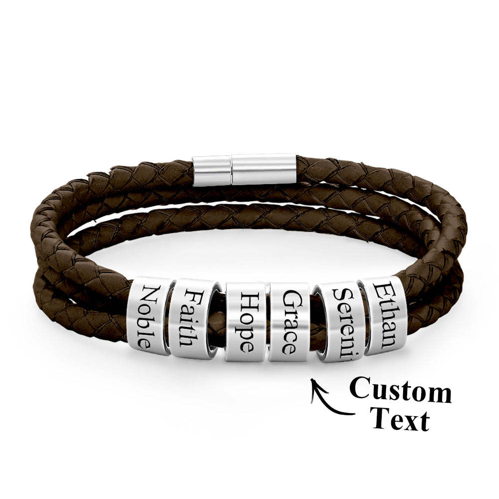 Pulsera Hombre De Cuero Trenzado Con Pequeñas Cuentas Personalizadas - TuNombrecollar