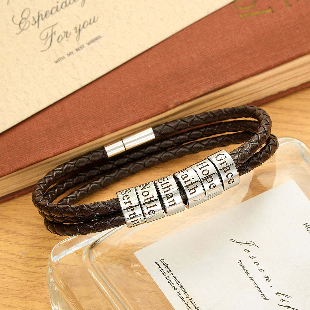 Pulsera Hombre De Cuero Trenzado Con Pequeñas Cuentas Personalizadas - TuNombrecollar