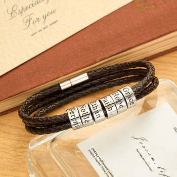 Pulsera Hombre De Cuero Trenzado Con Pequeñas Cuentas Personalizadas - TuNombrecollar