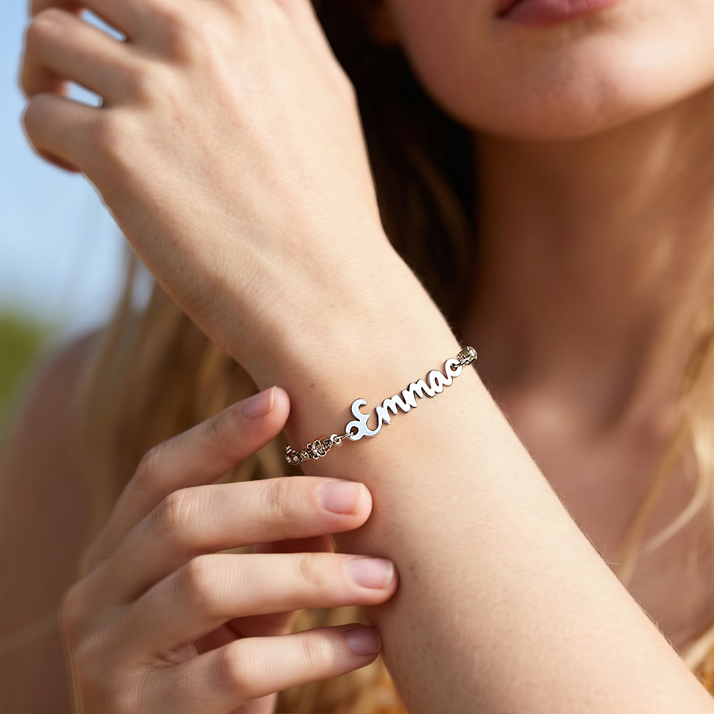 Pulsera Personalizada Con Nombre Y Cadena De Diamantes. Pulsera Con Nombre En Cursiva. Delicada Pulsera Personalizada Con Nombre. Regalo De Navidad Para Ella. - 