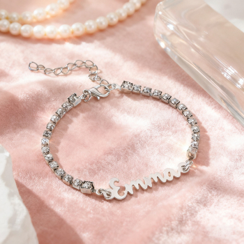Pulsera Personalizada Con Nombre Y Cadena De Diamantes. Pulsera Con Nombre En Cursiva. Delicada Pulsera Personalizada Con Nombre. Regalo De Navidad Para Ella. - 