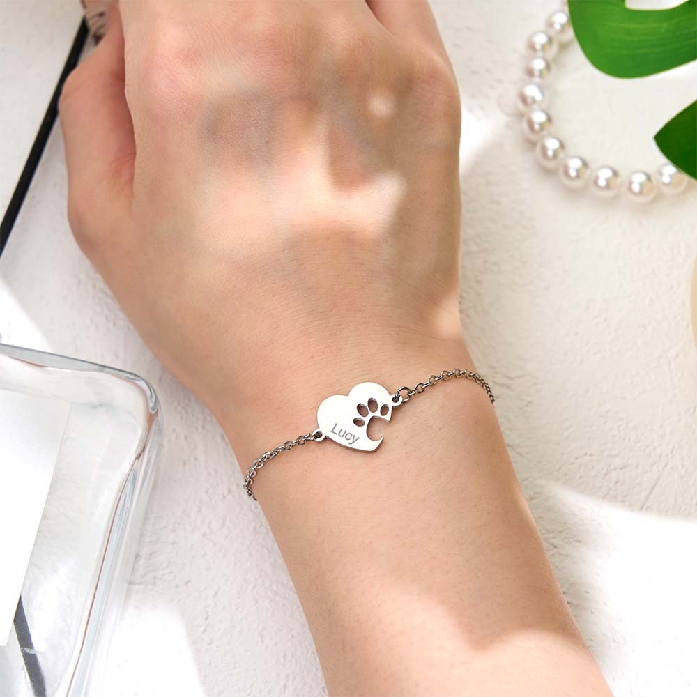 Personalized Heart Paw Print Bracelet – Custom Pet Name Jewelry for Pet Lovers