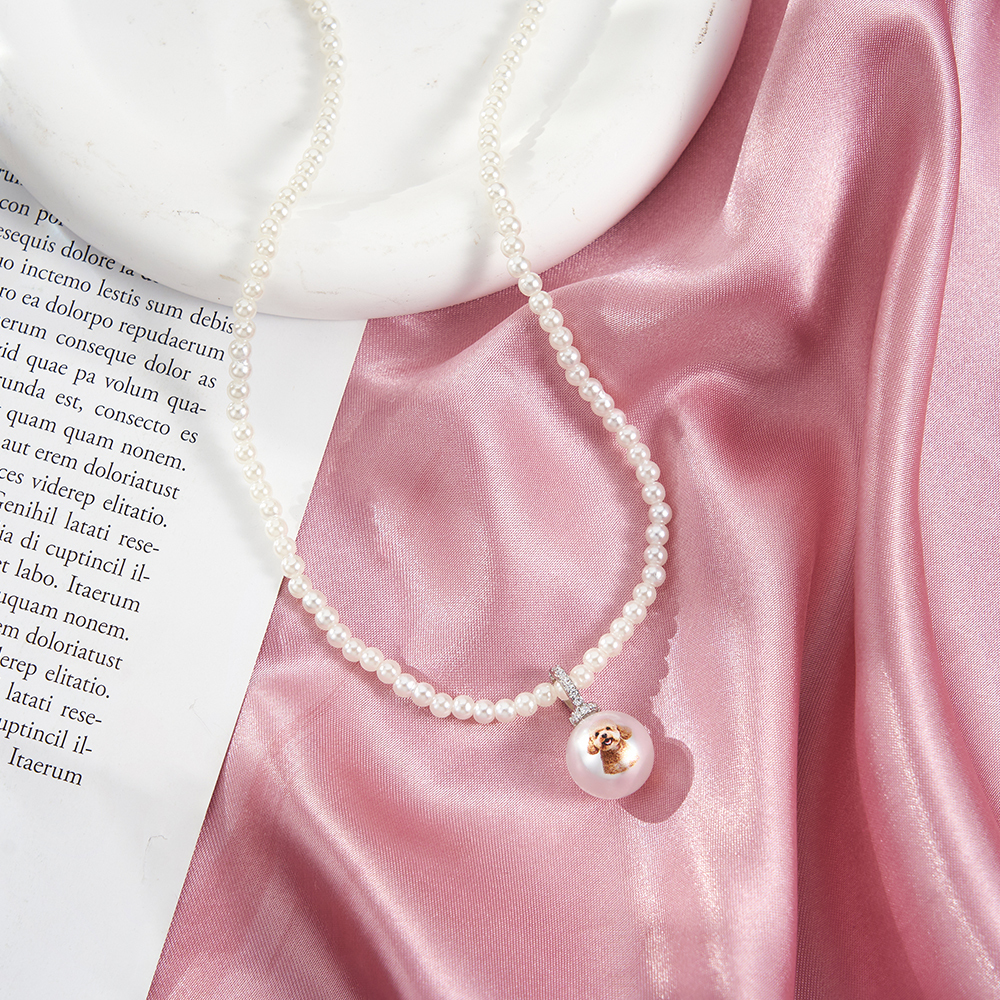 Collar De Perlas Con Foto Personalizada, Cadena De Perlas Con Retrato Personalizado, Collar Con Colgante Ajustable, Regalo De Joyería De Perlas Naturales - 