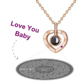 Collar I Love You en 100 Idiomas Proyección Collar Grabado en Forma de Corazón Plata - Chapado en Oro Rosa