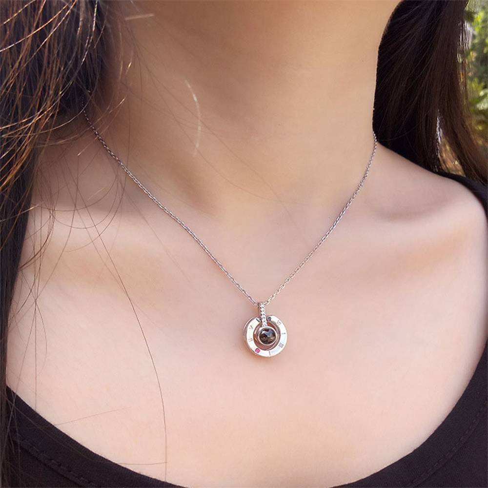 Foto Personalizada Con 100 Idiomas Dice Te Amo Collar De Proyección Forma Redonda Plata - TuNombrecollar