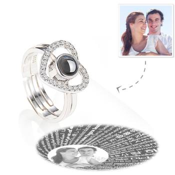I Love You Ring Anillo De Proyección Con Foto Grabada En 100 Idiomas, Dos En Uno De Plata En Forma De Corazón