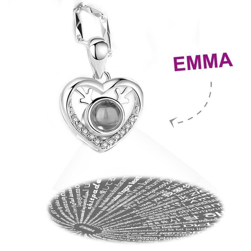 Collar I Love You en 100 Idiomas Proyección Collar Grabado Corazón con Astas Plata
