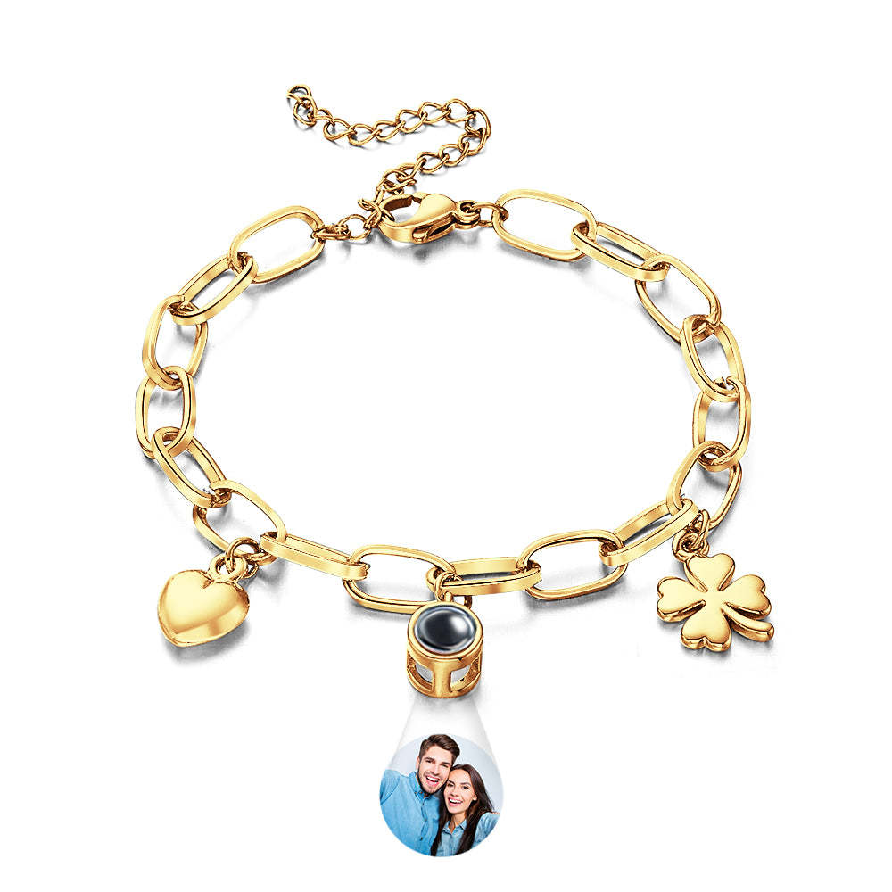 Pulsera De Corazón De Proyección Personalizada, Pulsera Con Dije De Corazón De Trébol De Cuatro Hojas, Pulsera Ajustable, Regalo Para Mejor Amigo - TuNombrecollar