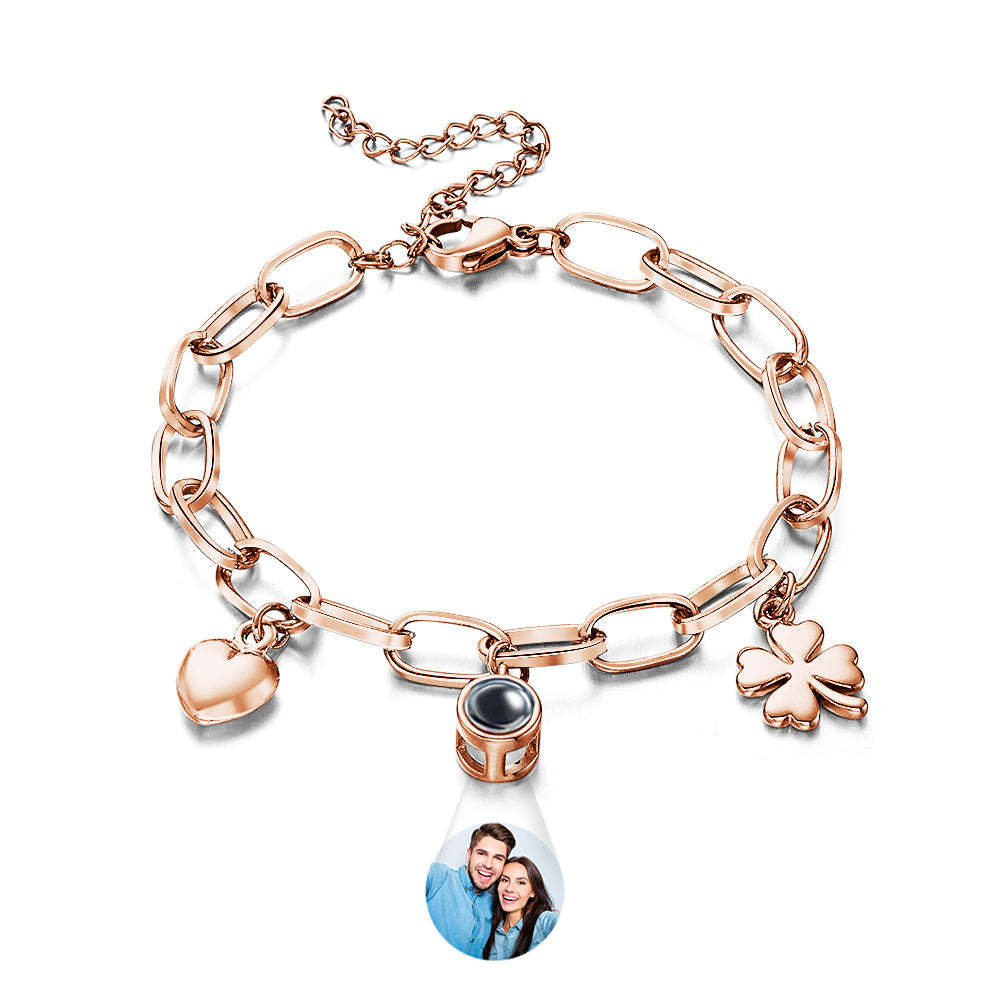 Pulsera De Corazón De Proyección Personalizada, Pulsera Con Dije De Corazón De Trébol De Cuatro Hojas, Pulsera Ajustable, Regalo Para Mejor Amigo - TuNombrecollar