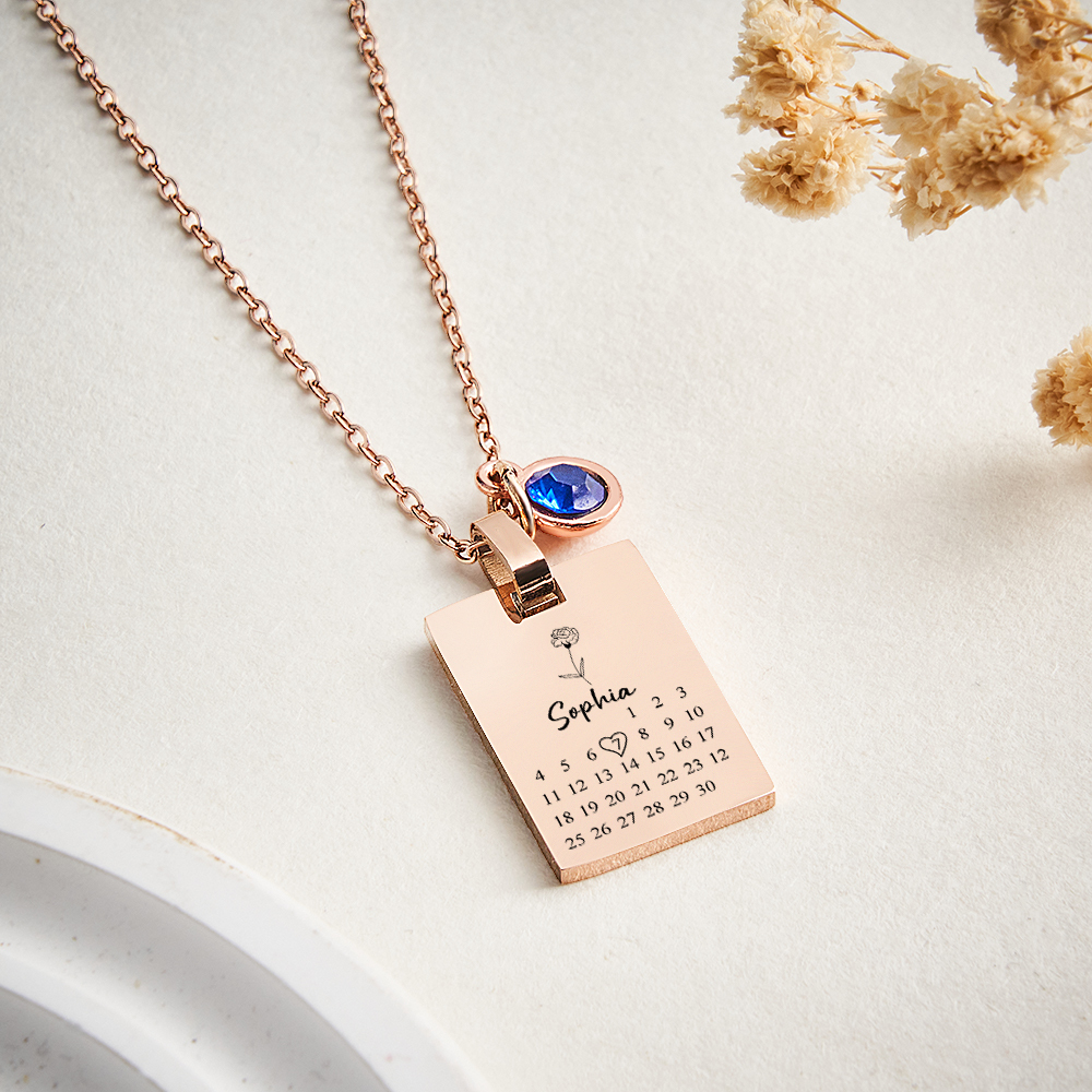 Collar Personalizado Con Fecha Y Piedra Natal Para Aniversario. Collar Personalizado Con Calendario Y Piedra Natal. Regalo De Cumpleaños Para Ella. - 