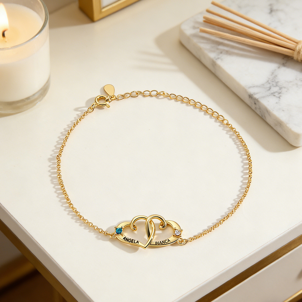 Pulsera Personalizada Con Nombre Y Corazón Entrelazado, Piedra De Nacimiento Grabada, Pulsera Personalizada De Doble Corazón Para Parejas Y Mejores Amigos. - 