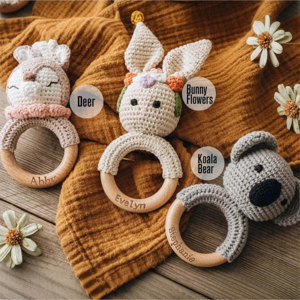 Personalizado Animal Bebé Sonajero Bebé Ducha Regalos Personalizado Madera Bebé Sonajero Crochet Sonajero Juguete Recién Nacido Regalos Regalo Para Sobrino Sobrina - TuNombrecollar