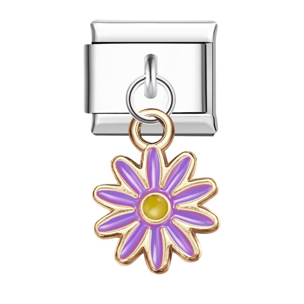 Charm Italiano Flor De Diez Pétalos De Colores-morado Para Pulseras Italianas Charm Composable Link - TuNombrecollar