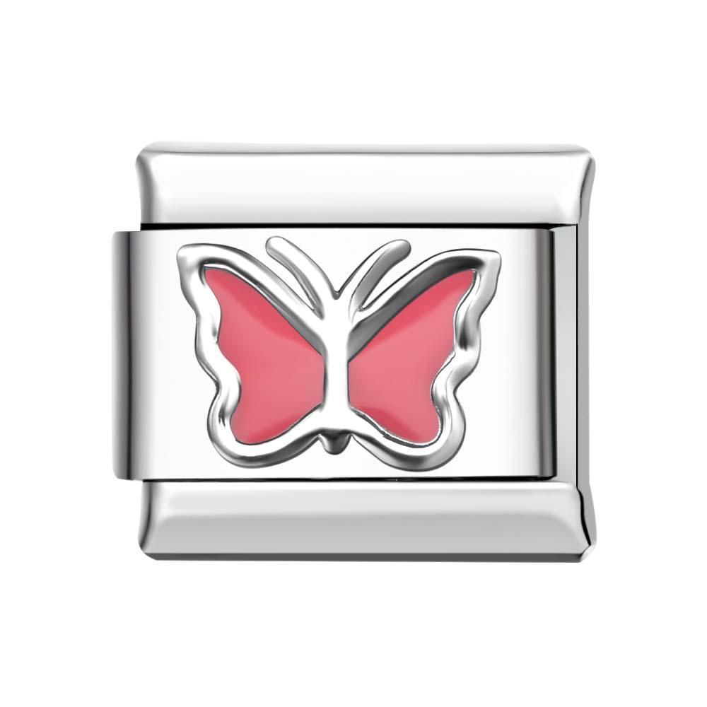 Mariposa Borde De Plata - Charm Italiano Rosa Para Pulseras Italianas Charm Composable Link - TuNombrecollar
