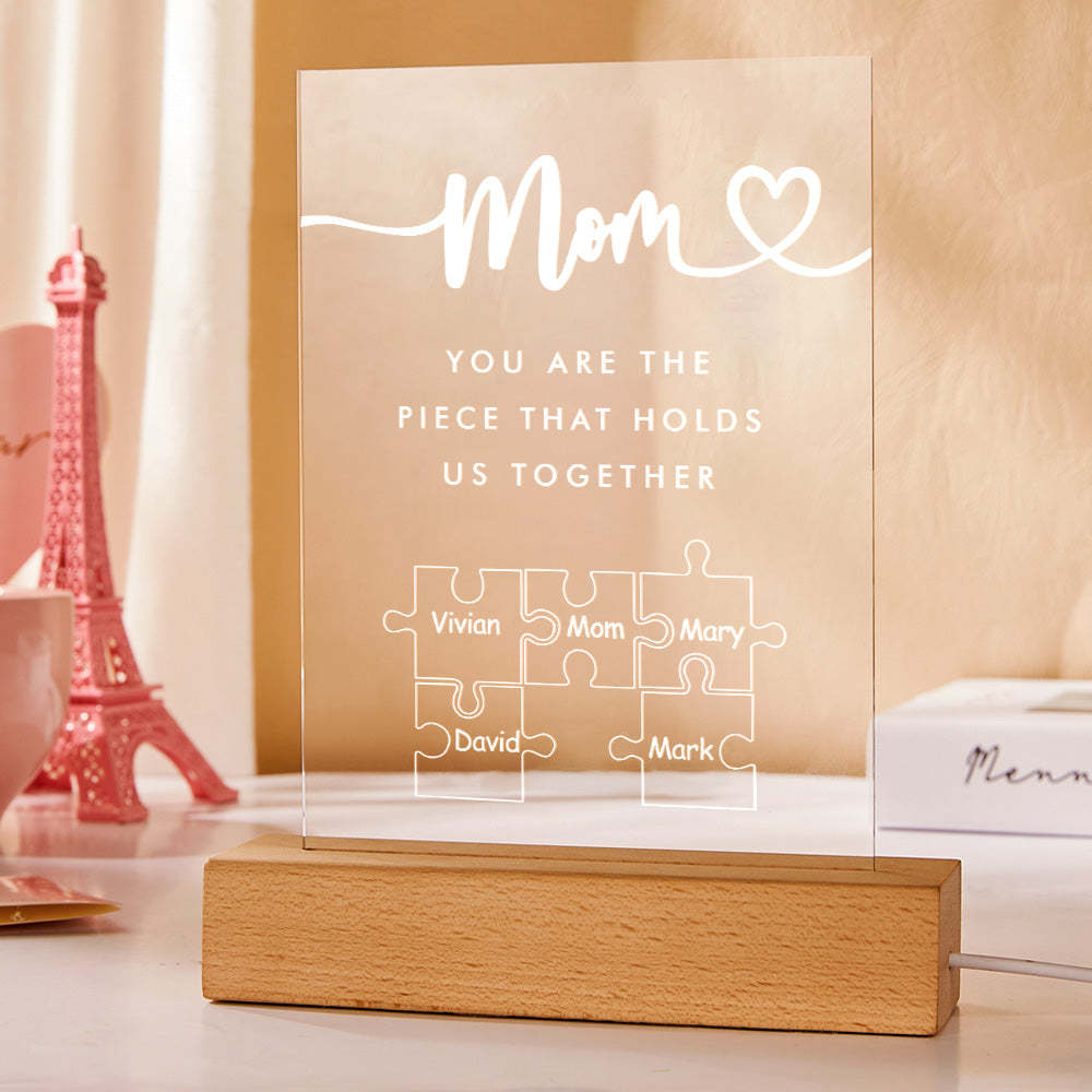 Luz De Noche Acrílica Personalizada 'mamá, Eres La Pieza Que Nos Mantiene Unidos' Para Mamá -