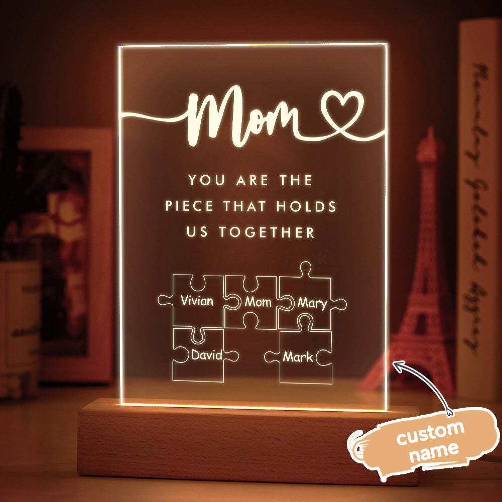 Luz De Noche Acrílica Personalizada 'mamá, Eres La Pieza Que Nos Mantiene Unidos' Para Mamá -