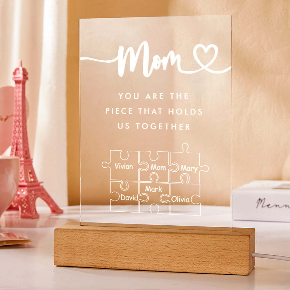 Luz De Noche Acrílica Personalizada 'mamá, Eres La Pieza Que Nos Mantiene Unidos' Para Mamá -