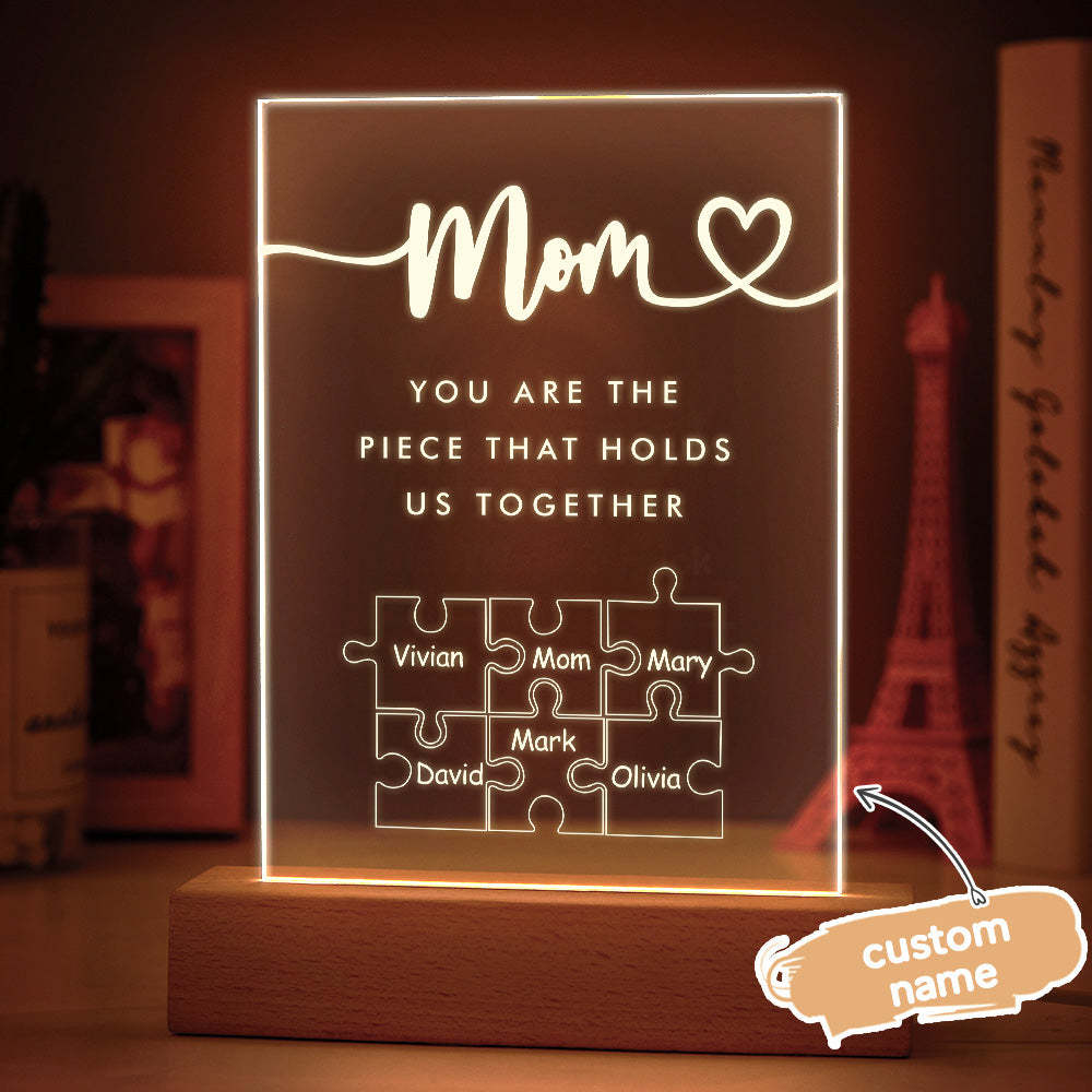 Luz De Noche Acrílica Personalizada 'mamá, Eres La Pieza Que Nos Mantiene Unidos' Para Mamá -