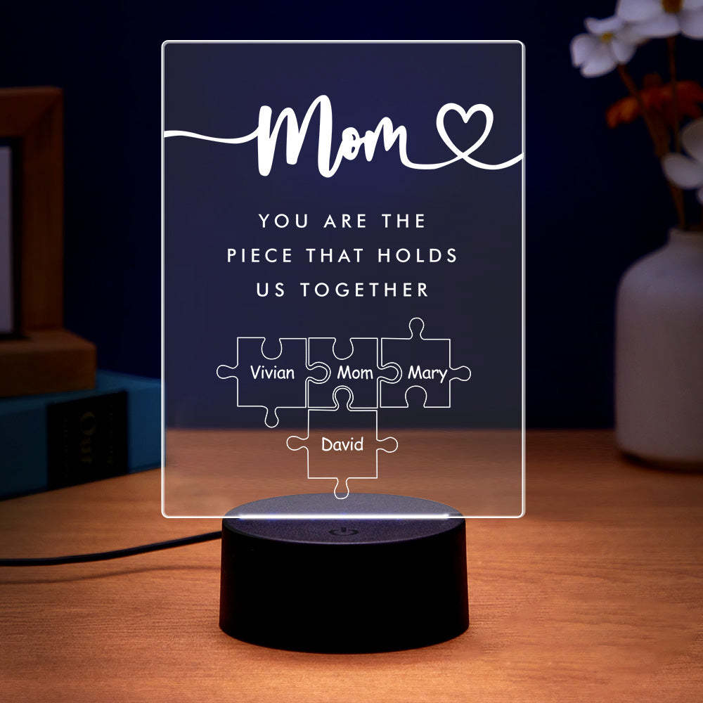 Luz De Noche Acrílica Personalizada 'mamá, Eres La Pieza Que Nos Mantiene Unidos' Para Mamá -