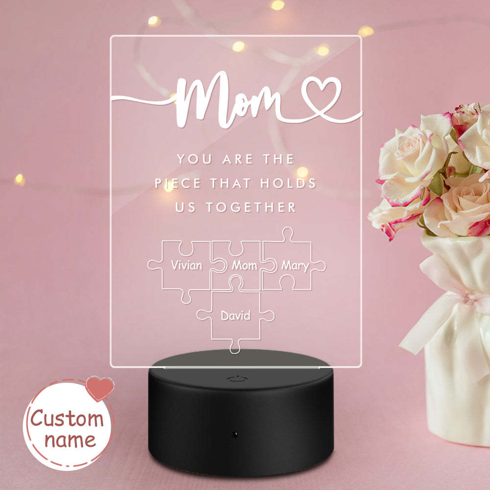 Luz De Noche Acrílica Personalizada 'mamá, Eres La Pieza Que Nos Mantiene Unidos' Para Mamá -