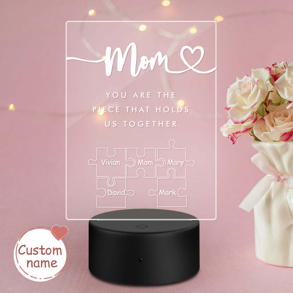 Luz De Noche Acrílica Personalizada 'mamá, Eres La Pieza Que Nos Mantiene Unidos' Para Mamá -