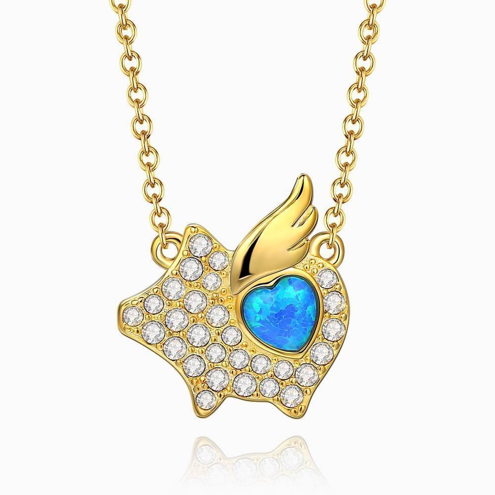 Collar De Cerdo Volador De Ópalo De Plata Chapada En Oro 14K