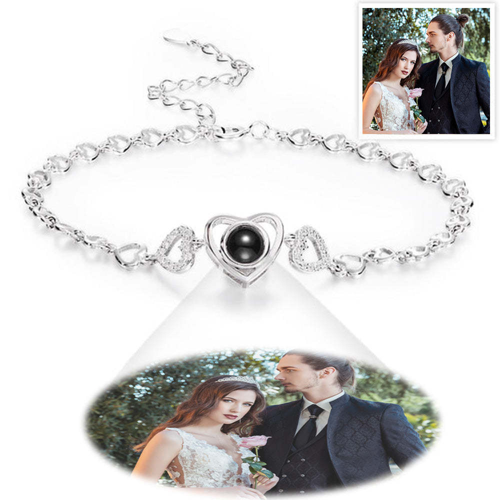 Pulsera Personalizada Con Eslabones De Corazón Y Proyección De Fotos, Pulsera De Plata De Ley Personalizada, Regalo De Boda - TuNombrecollar