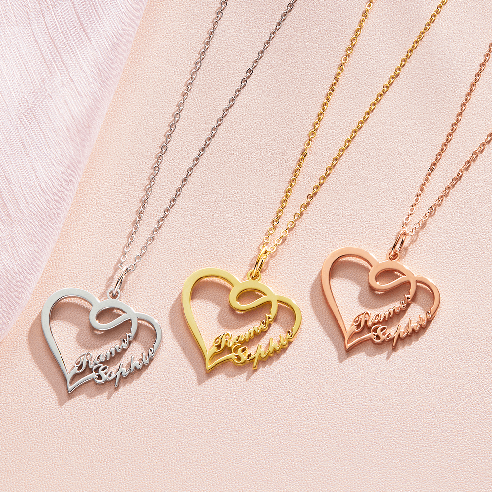 Overlapping Heart Two Name Necklace Silver - yournamencklaceuk