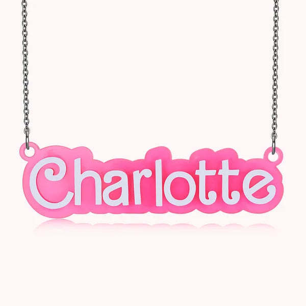 Collar Acrílico Personalizado De Muñeca Barbi Rosa Y Blanco Con Nombre, Regalo De Navidad, Cumpleaños, Día De San Valentín Para Ella - TuNombrecollar