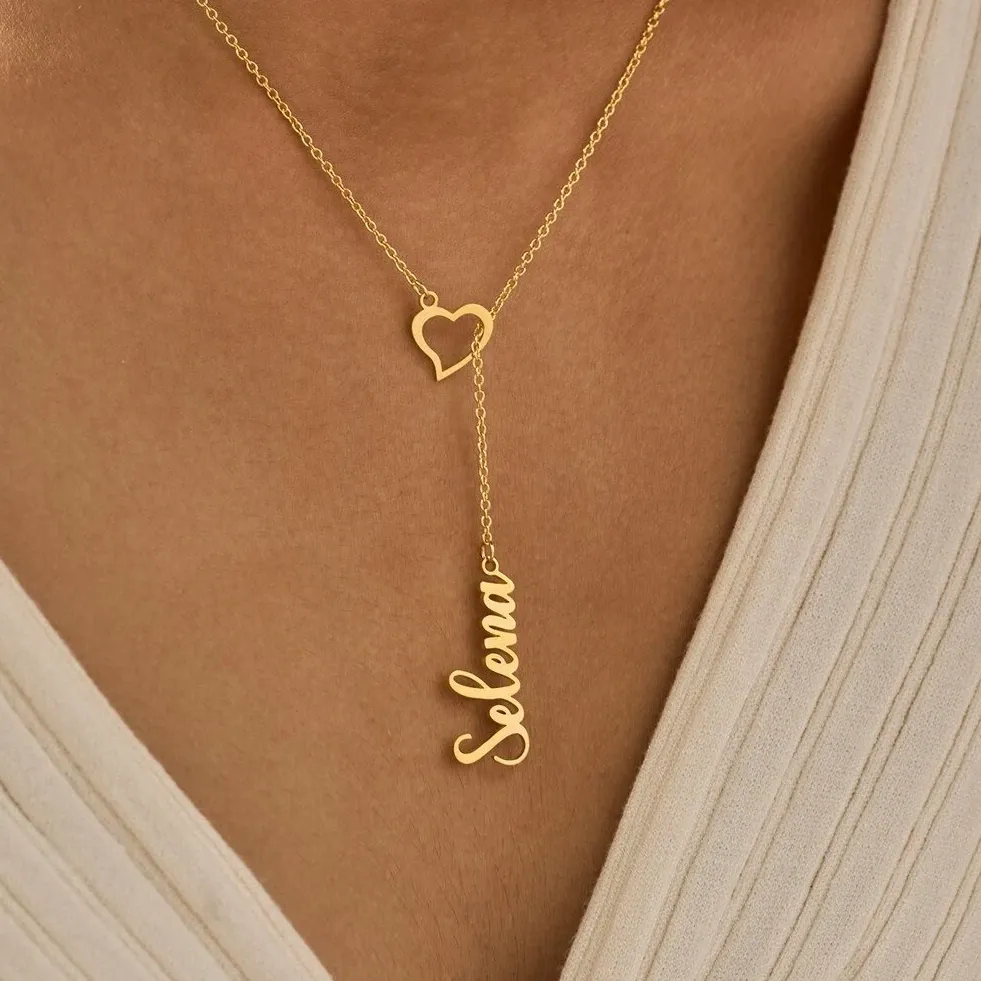 Collar De Lazo Con Nombre De Corazón Personalizado Para Mujer, Collar En Y Personalizado Con Nombre Y Dije De Corazón, Regalo De San Valentín - 