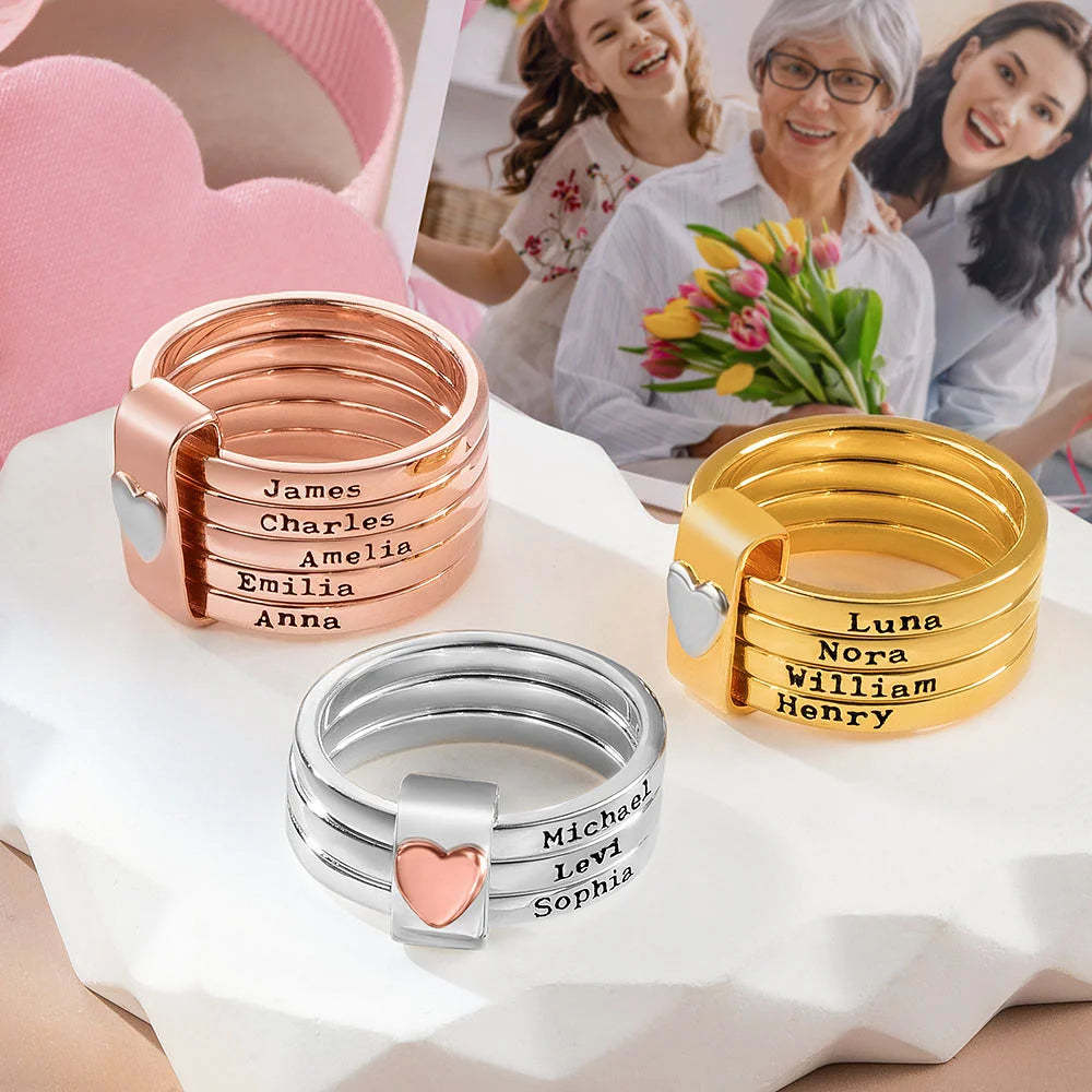 Anillos Apilables Personalizados Con Nombre Y Corazón. Joyas Personalizadas Con El Nombre De La Familia. Anillos Con Nombre Grabados Personalizados. Anillos Apilables Con El Nombre De La Familia. - 