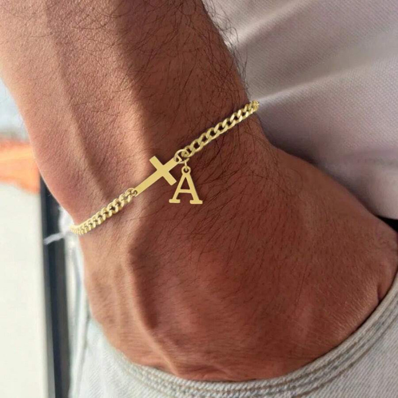 Pulsera Personalizada Con Cruz Lateral Y Dije Inicial, Pulsera Con Letra Personalizada, Cadena De Eslabones Cruzados De Acero Inoxidable, Regalo De San Valentín. - 