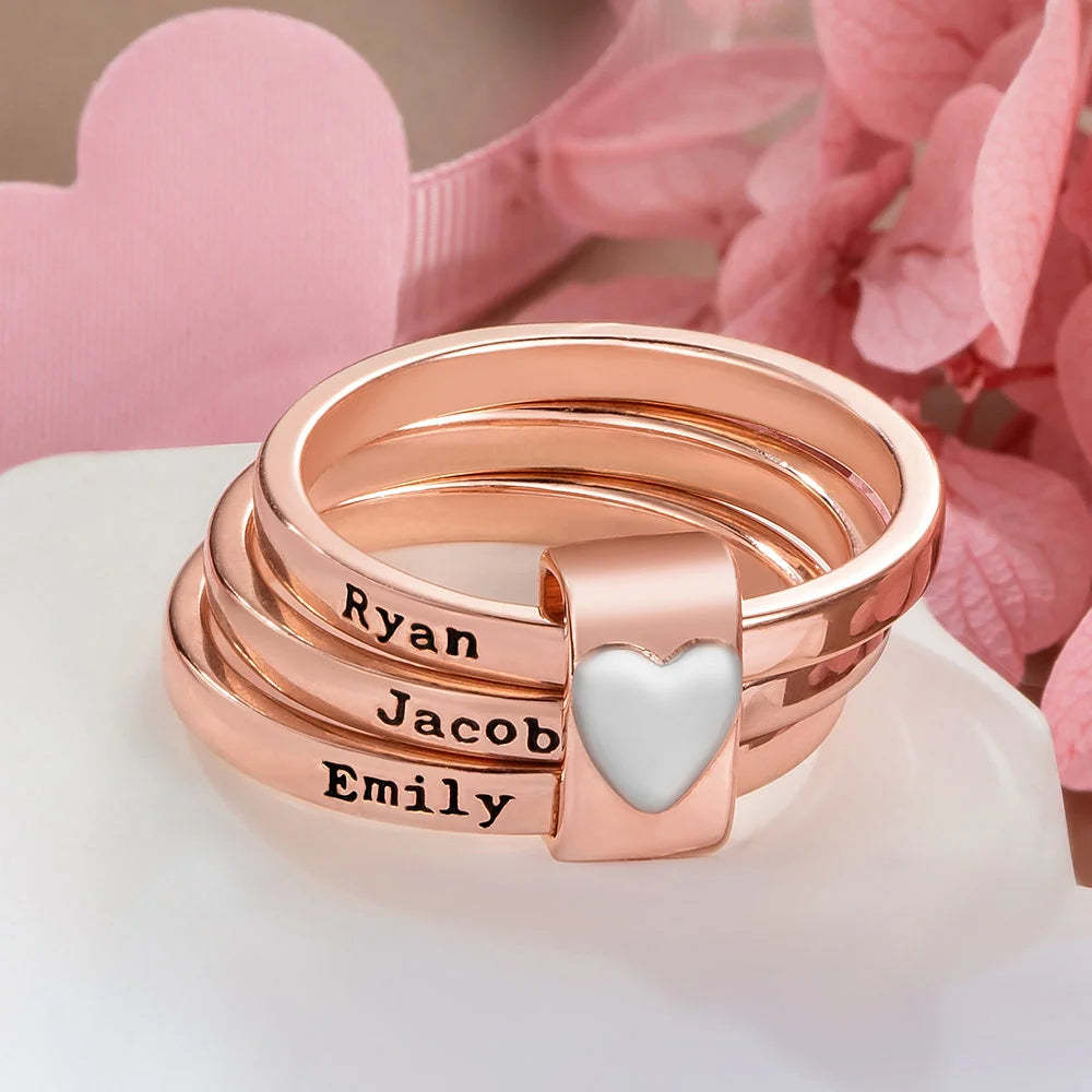 Anillos Apilables Personalizados Con Nombre Y Corazón. Joyas Personalizadas Con El Nombre De La Familia. Anillos Con Nombre Grabados Personalizados. Anillos Apilables Con El Nombre De La Familia. - 