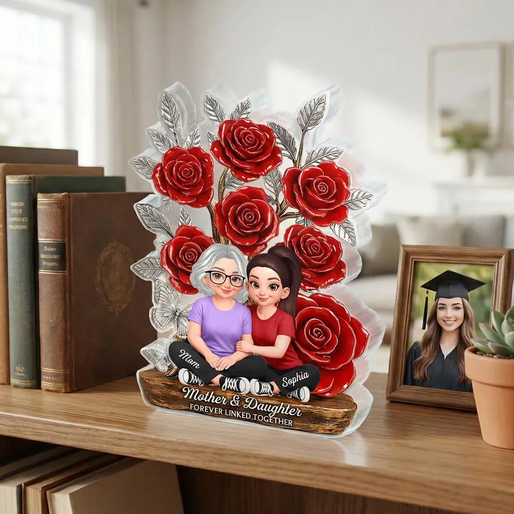 Regalo Per La Festa Della Mamma, Targa In Acrilico Personalizzata Con Madre E Figlia Legate Per Sempre, Decorazione Da Tavolo Con Rosa Raffigurante Un Cartone Animato, Commovente - 