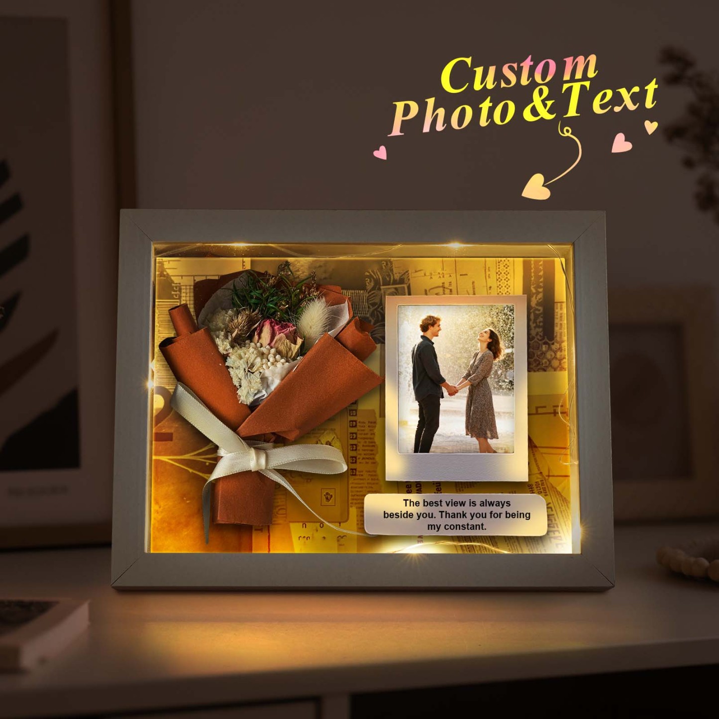 Mini Bouquet Con Cornice Luminosa Personalizzata Con Foto E Messaggio, Scatola Luminosa Con Fiori Secchi Stampati Su Misura, Regalo Per Lei - 