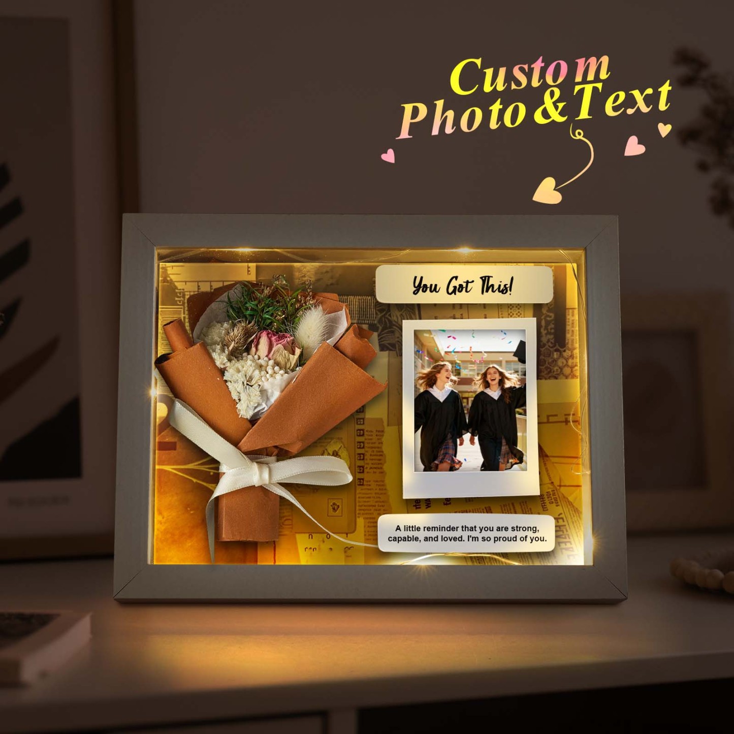 Mini Bouquet Con Cornice Luminosa Personalizzata Con Foto E Messaggio, Scatola Luminosa Con Fiori Secchi Stampati Su Misura, Regalo Per Lei - 