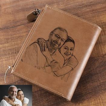 Men's Short Style Custom Inscription Photo Engraved Wallet with Cross Pattern - Brown Leather - yournamenecklaceuk