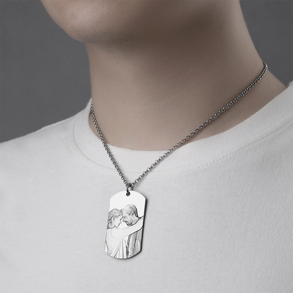 Men's Engraved Stainless Steel Dog Tag Photo Pendant Necklace